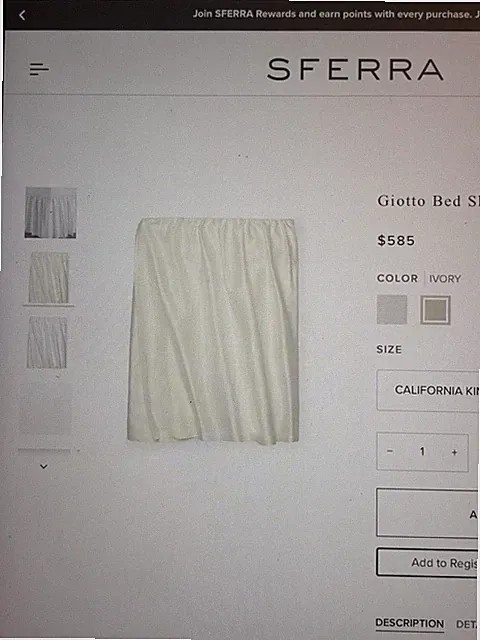 SFERRA CAL KING/KING BED SKIRT GIOTTO SATEEN IVORY 15” to 18” DROP ITALY