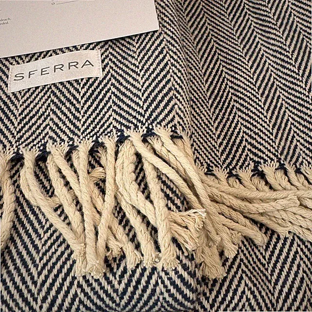 Sferra Celine Throw - Navy Herringbone Cotton -New In Box