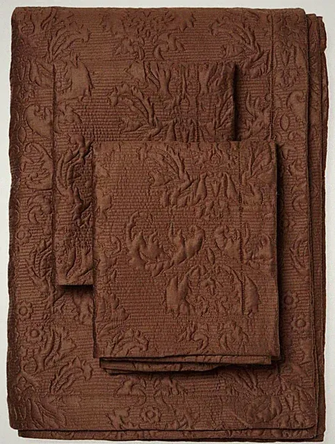 Sferra Harrison Brown F/ Queen Quilted Coverlet & 2 Shams Pima Cotton Sateen New