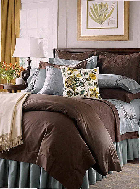 Sferra Monroe Blue King Bedskirt 3PC Solid Chocolate Gathered 100% Cotton NEW